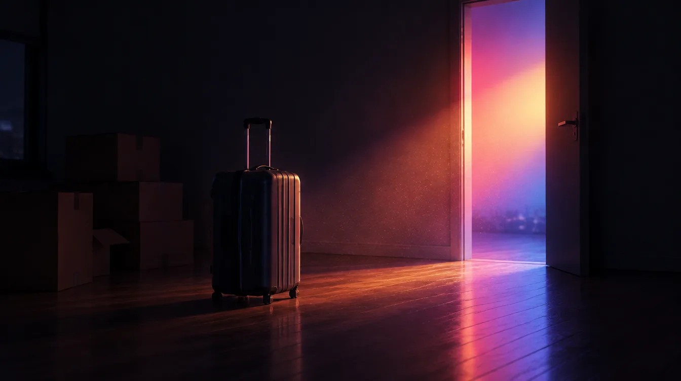 Een gepakte koffer en verhuisdozen in een donkere, bijna lege kamer, met licht dat door een open deur valt
