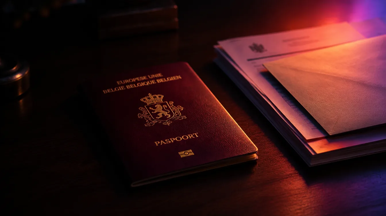 Een gesloten Belgisch paspoort naast een stapel papieren op een donker bureau, met gekleurd licht dat er schuin overheen valt