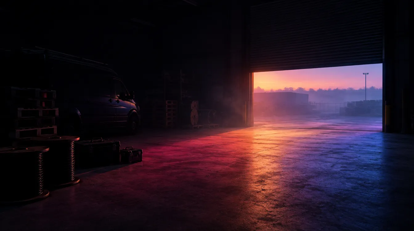 Een donkere loods voor zonsopgang, met een halfopen roldeur waardoor gekleurd ochtendlicht over de betonnen vloer valt