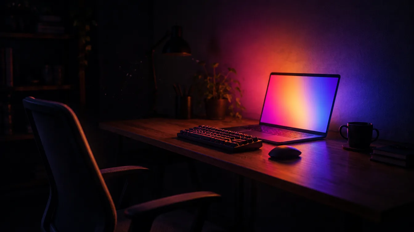 Een donkere kamer met een bureau, waar het scherm van een laptop als enige lichtbron een kleurverloop over de muur werpt