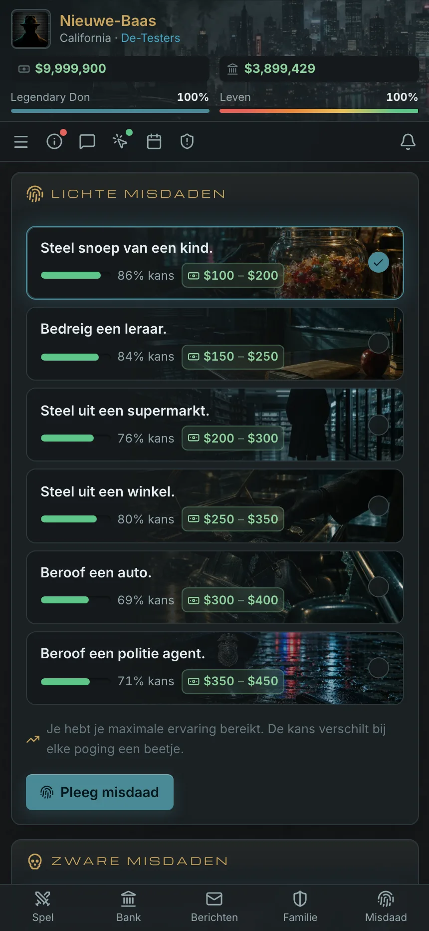 Dezelfde misdaadpagina op een telefoon, met de balk onderaan