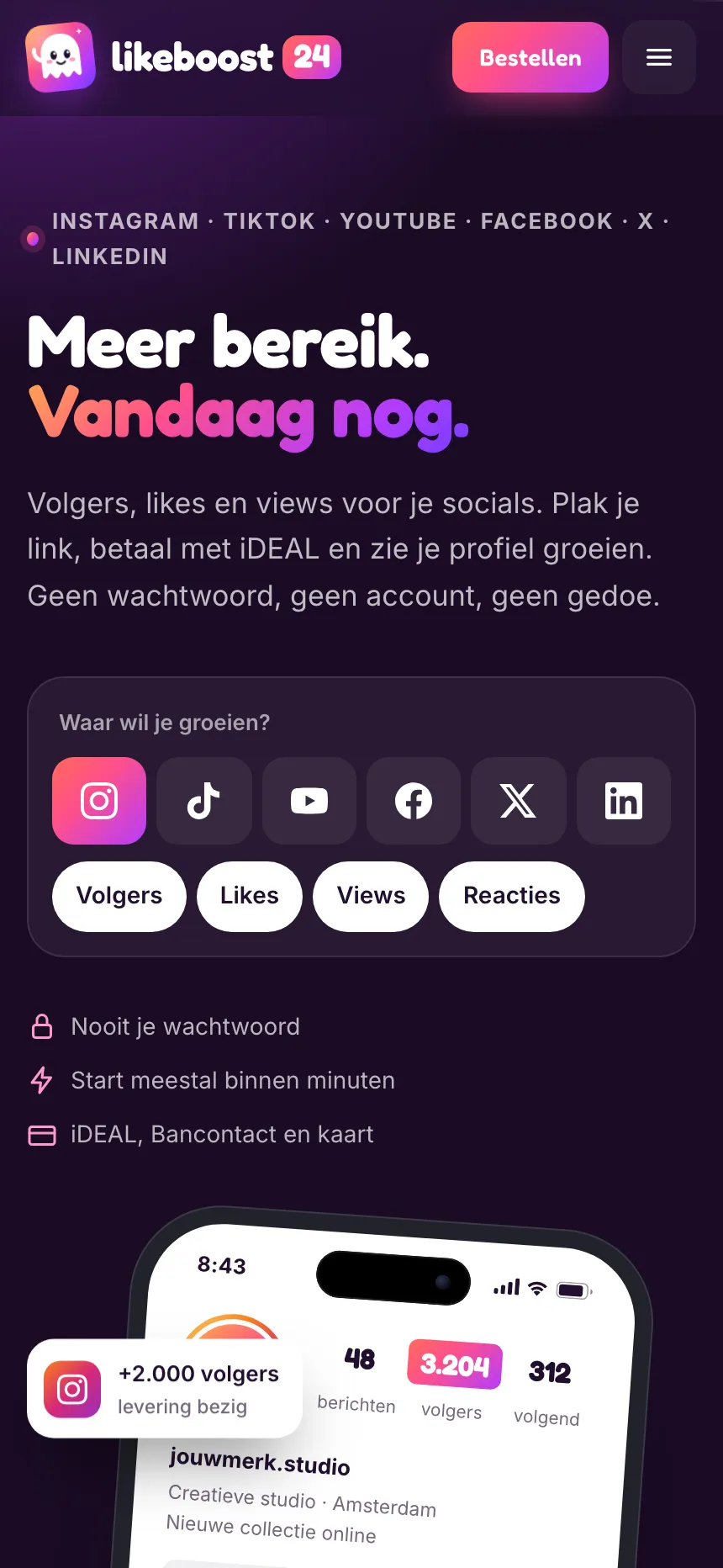 Dezelfde startpagina op een telefoon