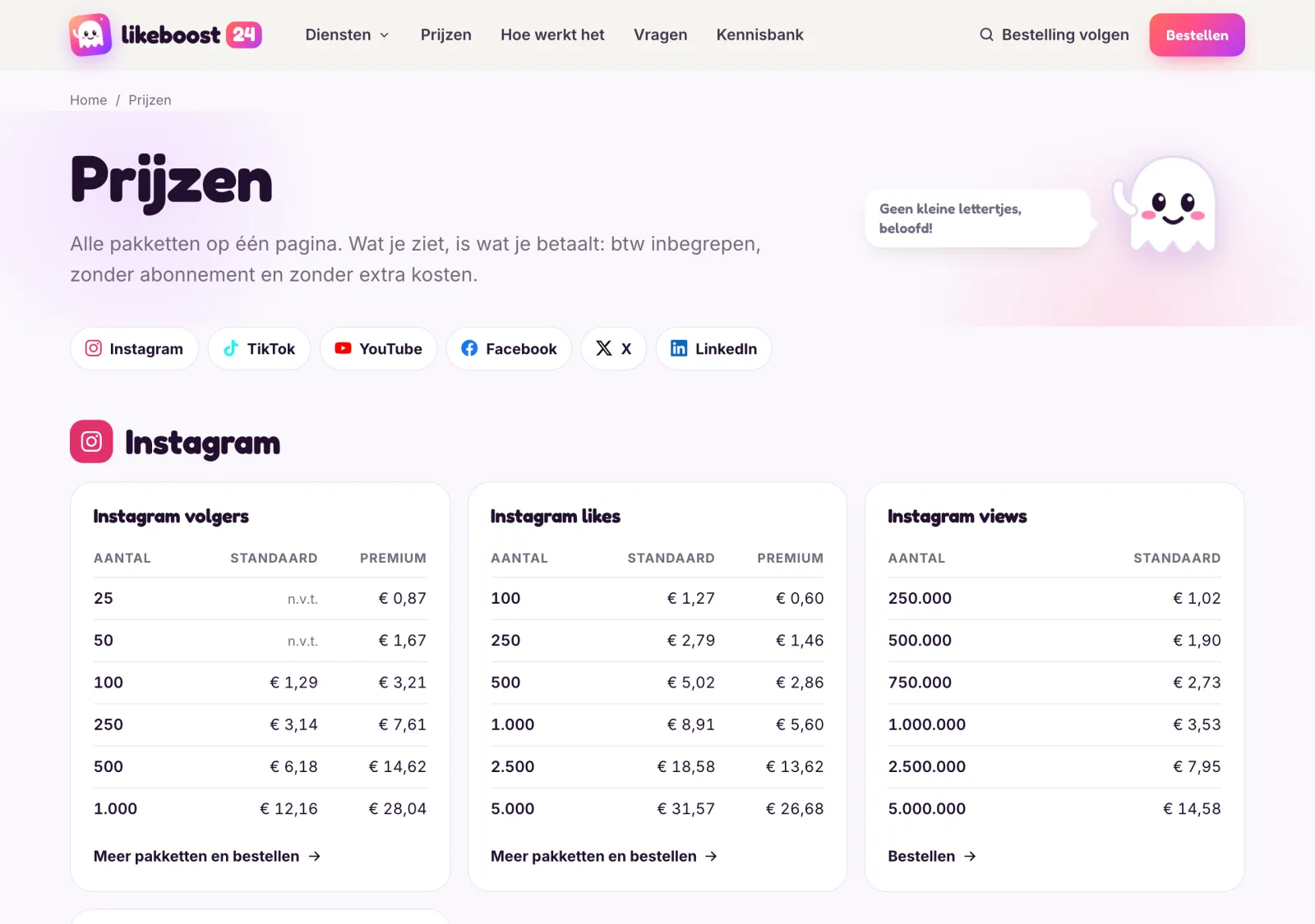 Alle prijzen op één pagina, per platform en per dienst