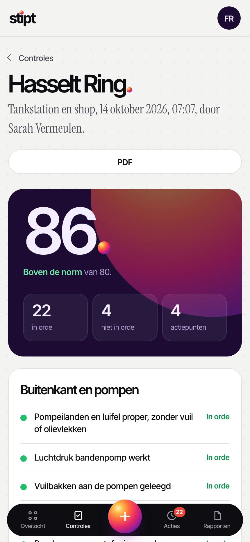 Een afgeronde controle op een telefoon, met de score en de antwoorden eronder