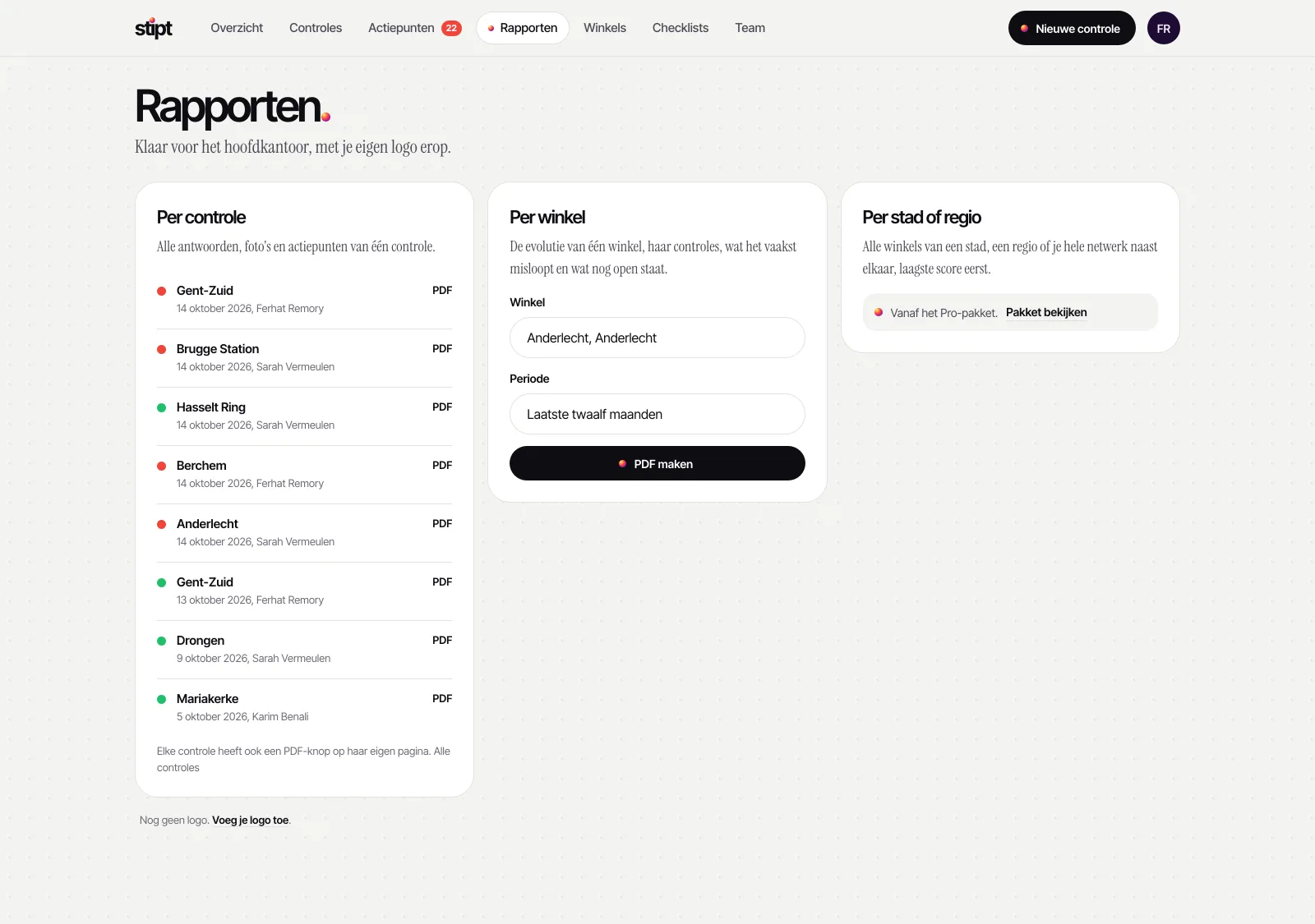 De rapportenpagina, met een PDF per controle, per winkel en per stad