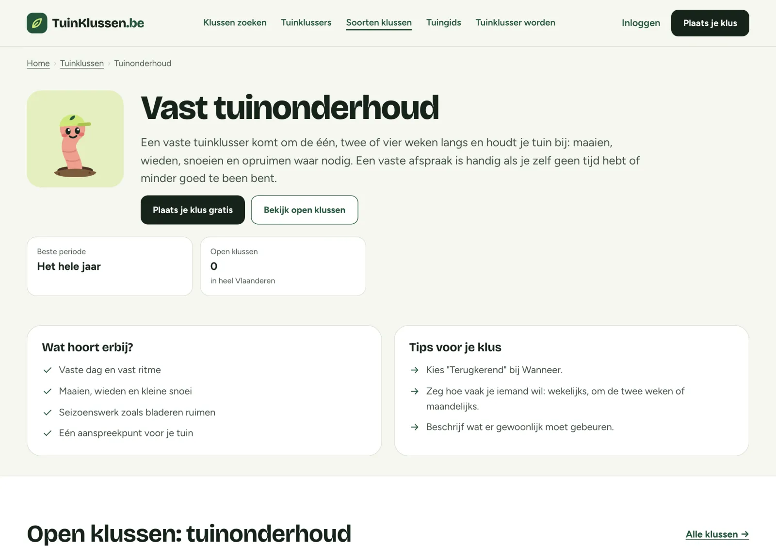 Pagina voor vast tuinonderhoud, met de open klussen eronder