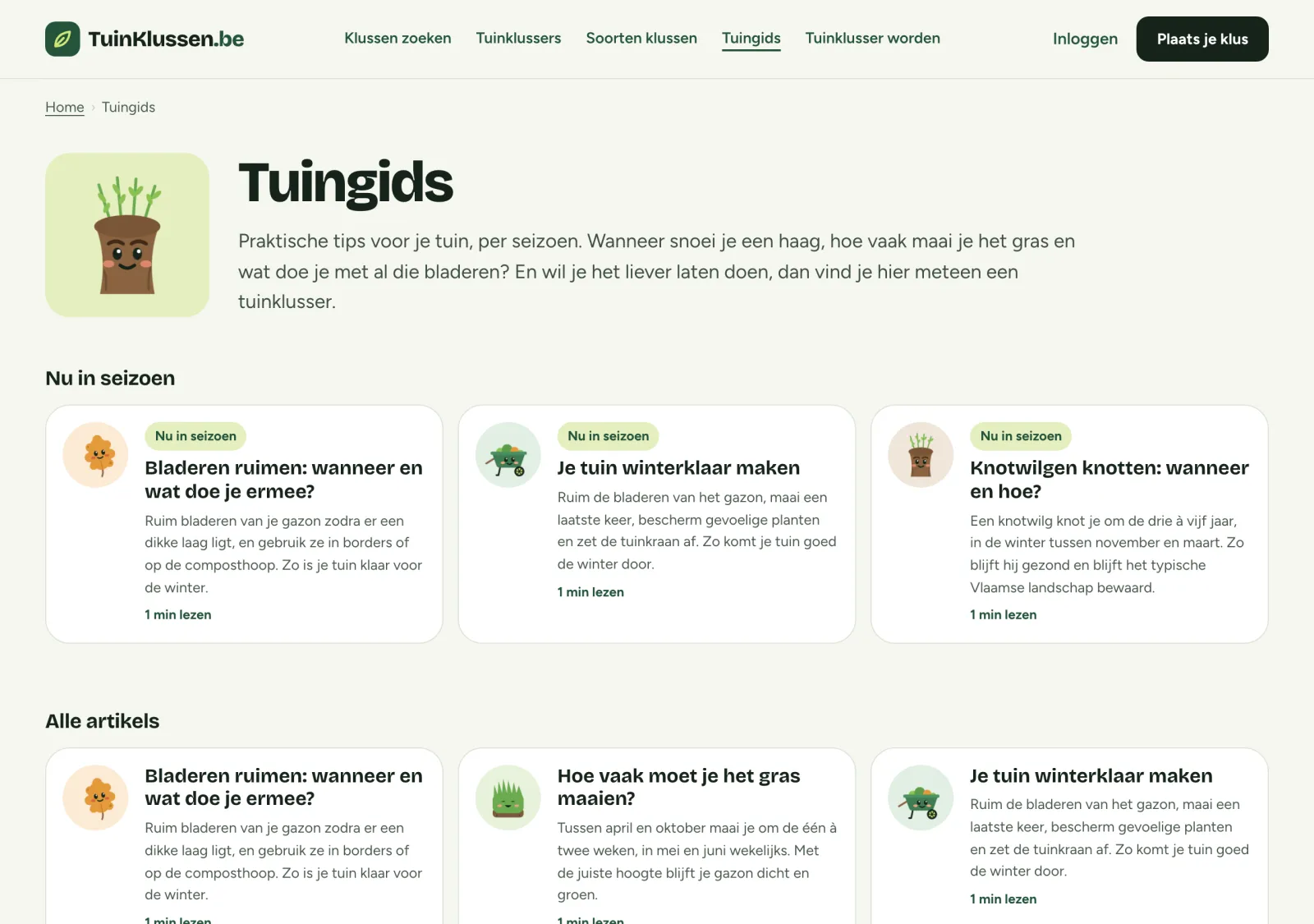 De tuingids, met bovenaan de artikels die nu in het seizoen vallen